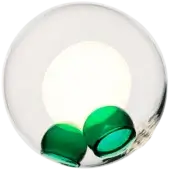 Bocci 28 pendant lights, green glass, spherical enclosure with three irregular orbs and central white circular element.